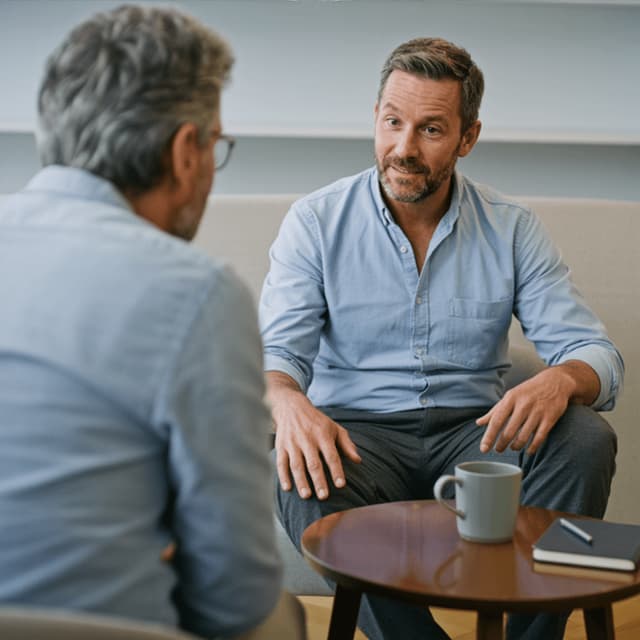 Hugo Bennett speaking with a manager during a seated conversation