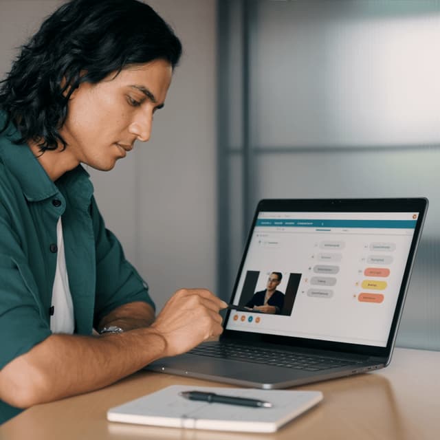 Kiran Mehta seated behind a laptop in an office