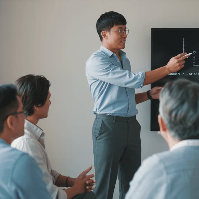 Min-jun Park standing at a whiteboard in a meeting