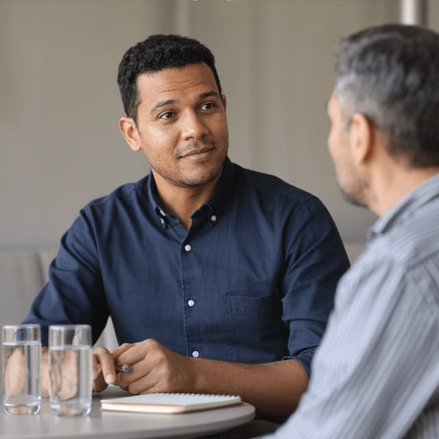 Rafael Nascimento speaking with a manager in an office