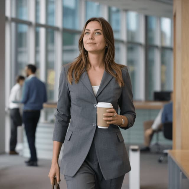 Sophie de Vries walking through an office with a coffee