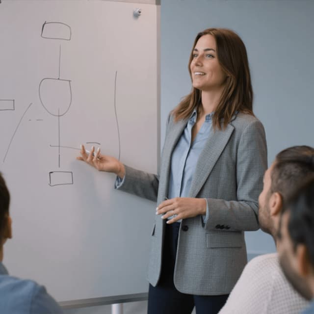 Sophie de Vries explaining a diagram at a whiteboard