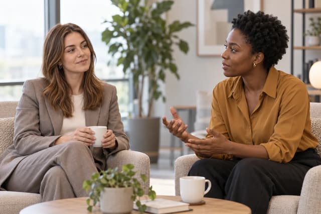Sophie de Vries and Amara Okafor talking in office armchairs with mugs.