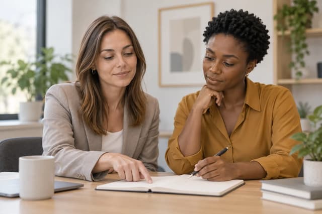Sophie de Vries and Amara Okafor reviewing an open notebook at an office table.