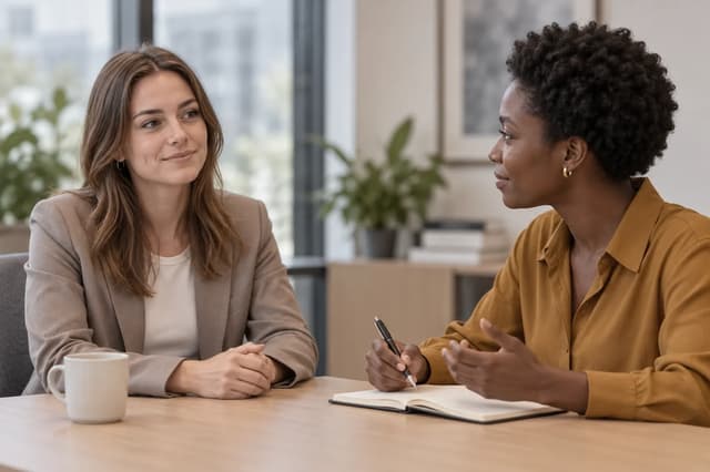 Sophie de Vries and Amara Okafor speaking across an office table with an open notebook.