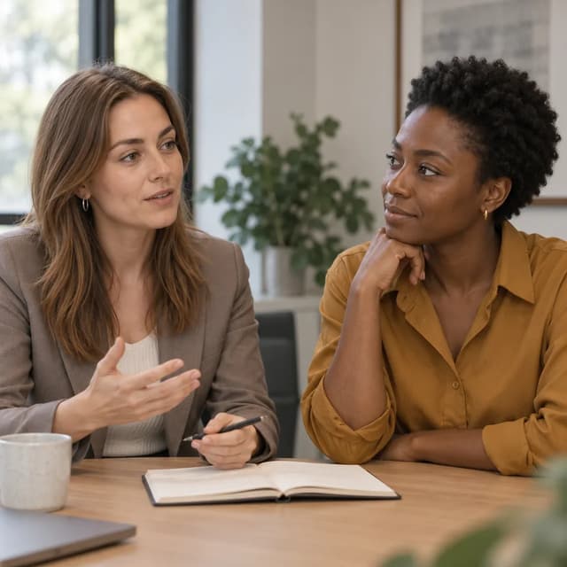 Sophie de Vries asking a question while Amara Okafor listens at a meeting table.