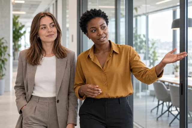 Amara Okafor showing Sophie de Vries an office space.