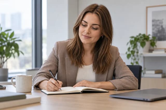 Sophie de Vries writing in a notebook at an office table.