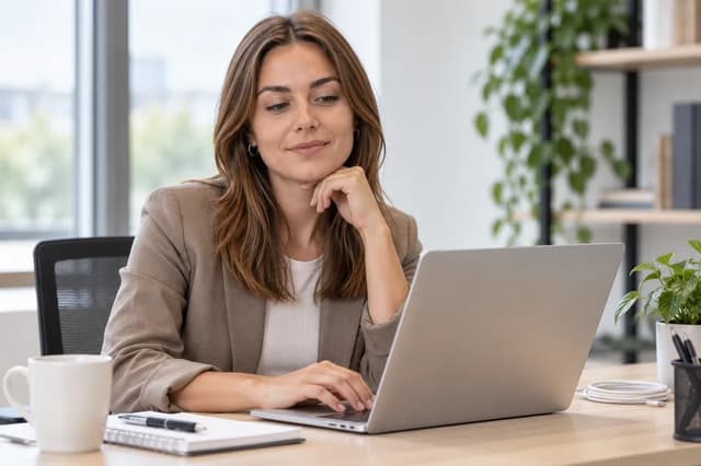 Sophie de Vries using a laptop at an office desk.