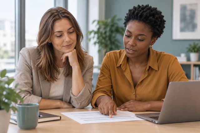 Sophie de Vries and Amara Okafor looking at a paper plan beside a laptop.