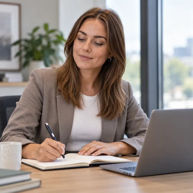 Sophie de Vries taking notes beside an open laptop.