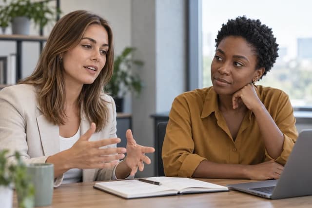 Sophie de Vries and Amara Okafor talking at a desk with an open notebook.