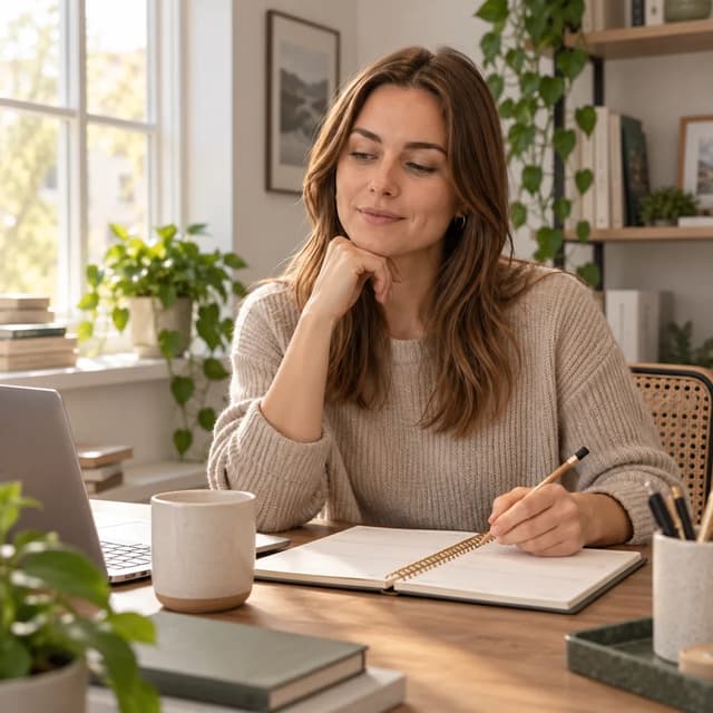 Sophie de Vries looking at a paper planner with a pencil in hand.
