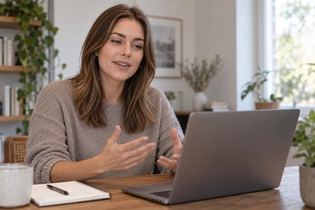 Sophie de Vries speaking beside a laptop and notebook at home.