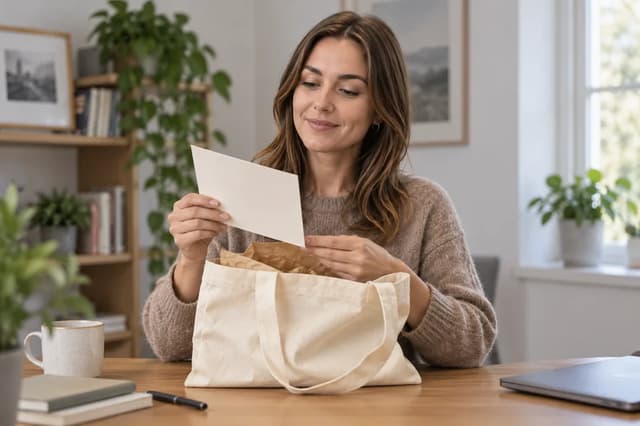 Sophie de Vries looking at a card beside a canvas bag at home.