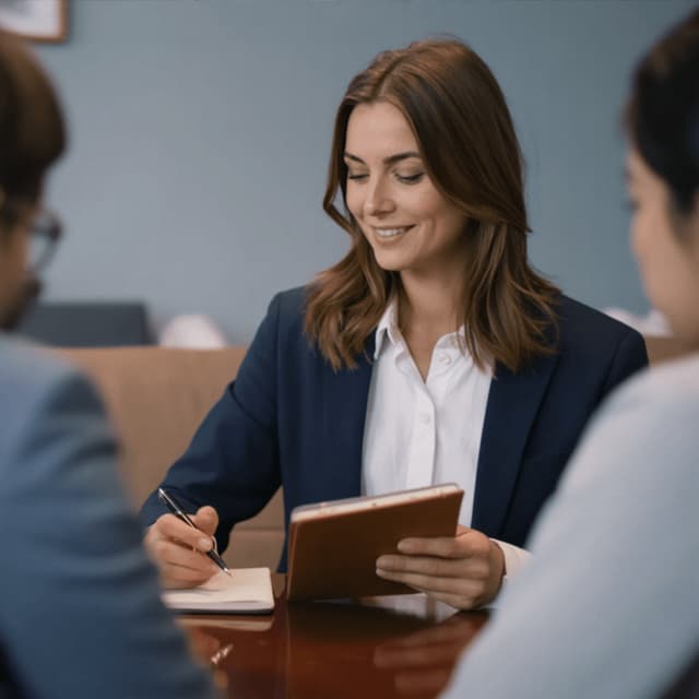Sophie de Vries seated at a meeting table with colleagues.