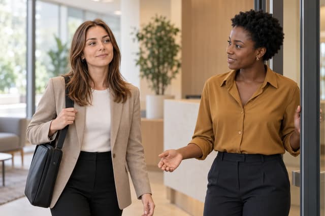 Amara Okafor welcoming Sophie de Vries at an office doorway.
