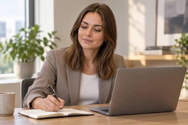 Sophie de Vries writing in a notebook beside an open laptop.
