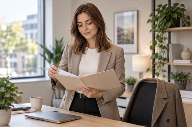 Sophie de Vries standing beside an office desk and opening a folder.