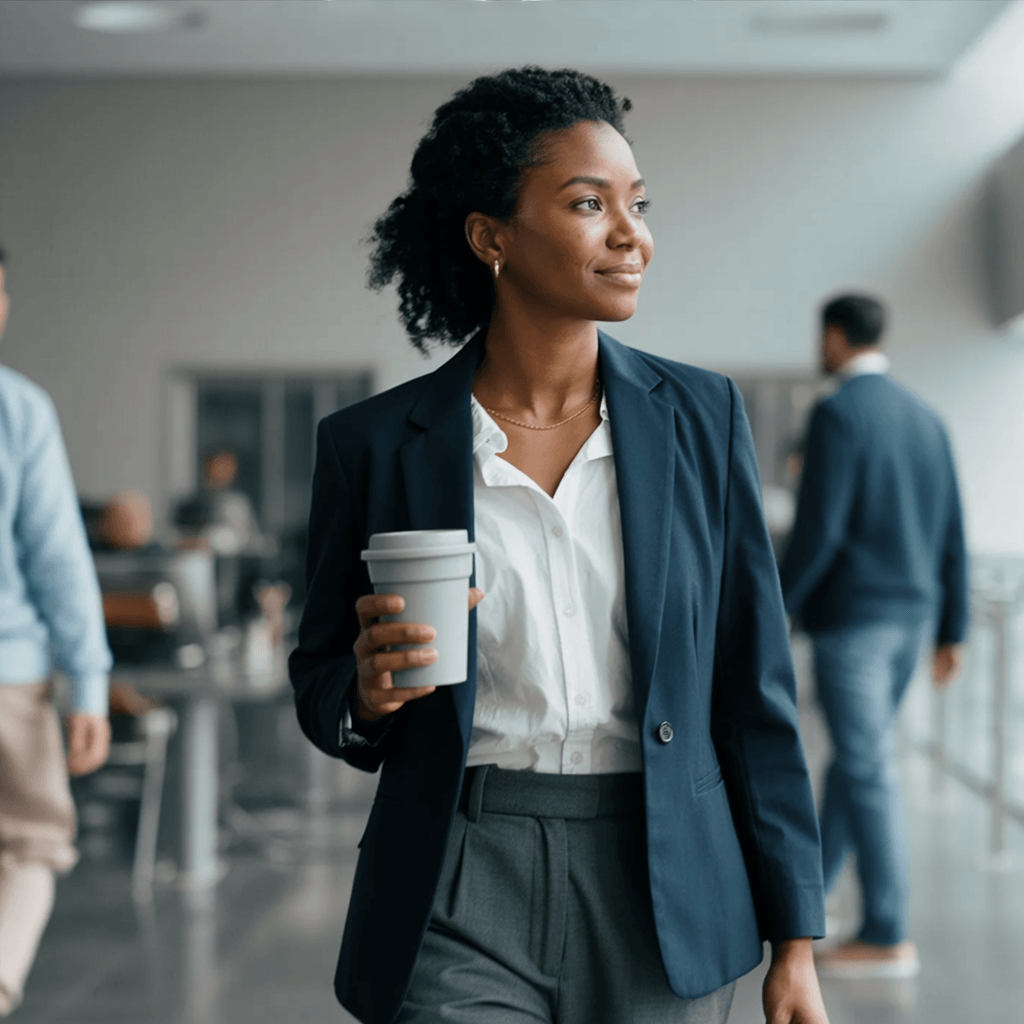 Amara Okafor walking through the office with coffee