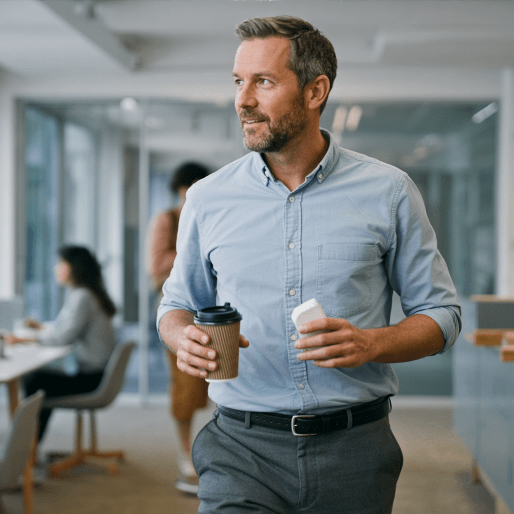 Hugo Bennett walking through the office with coffee