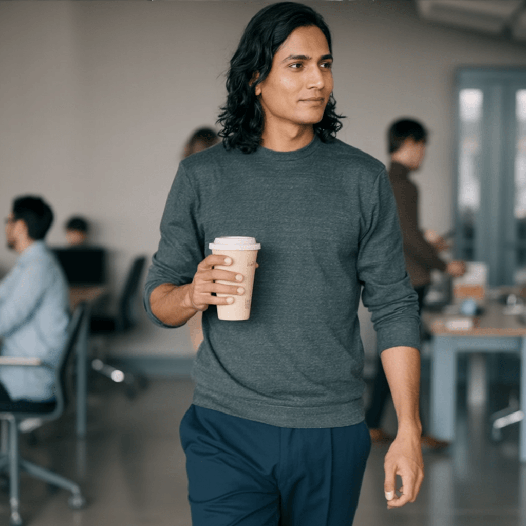Kiran Mehta walking through the office with coffee