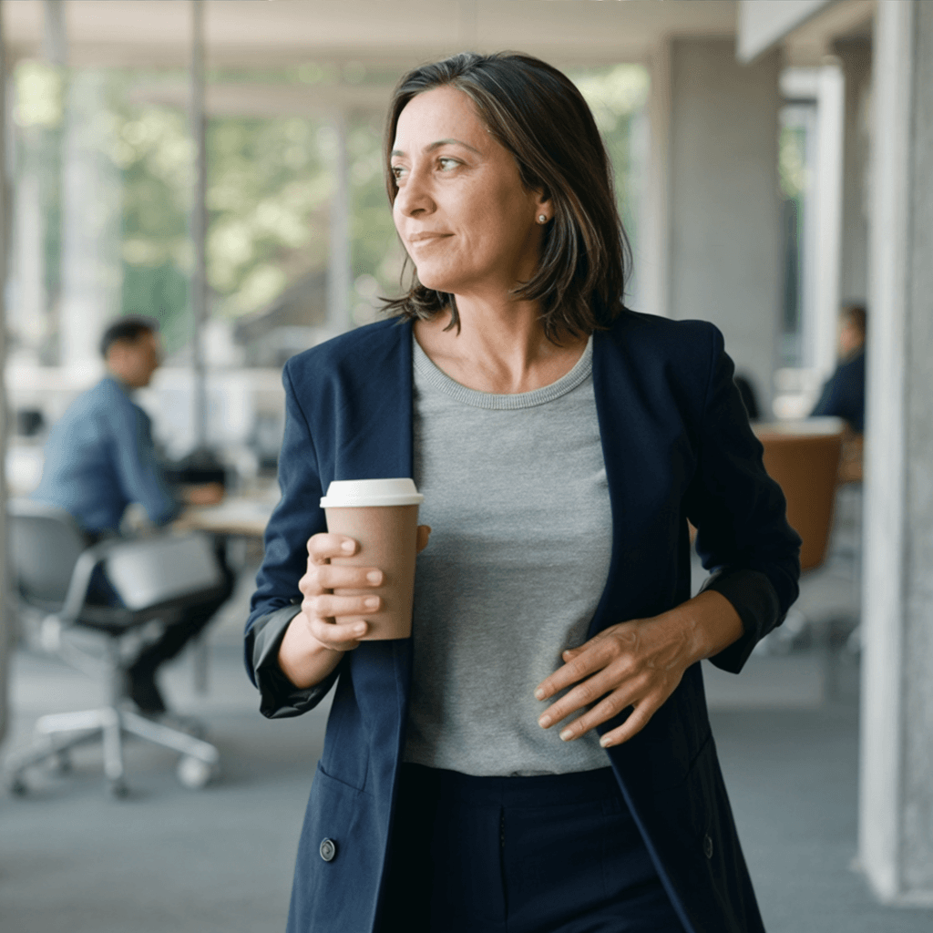 Lina Al-Khatib walking through the office with coffee