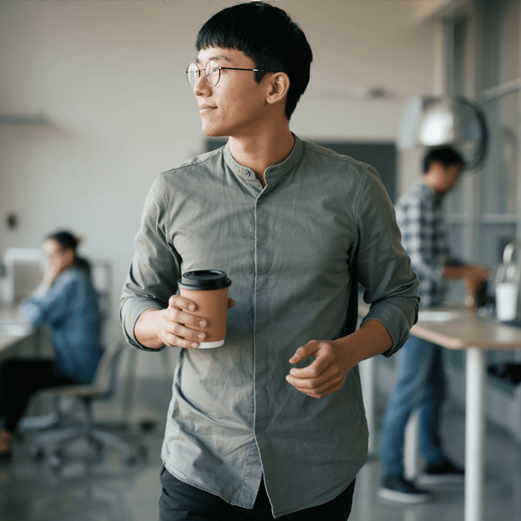 Min-jun Park walking through the office with coffee